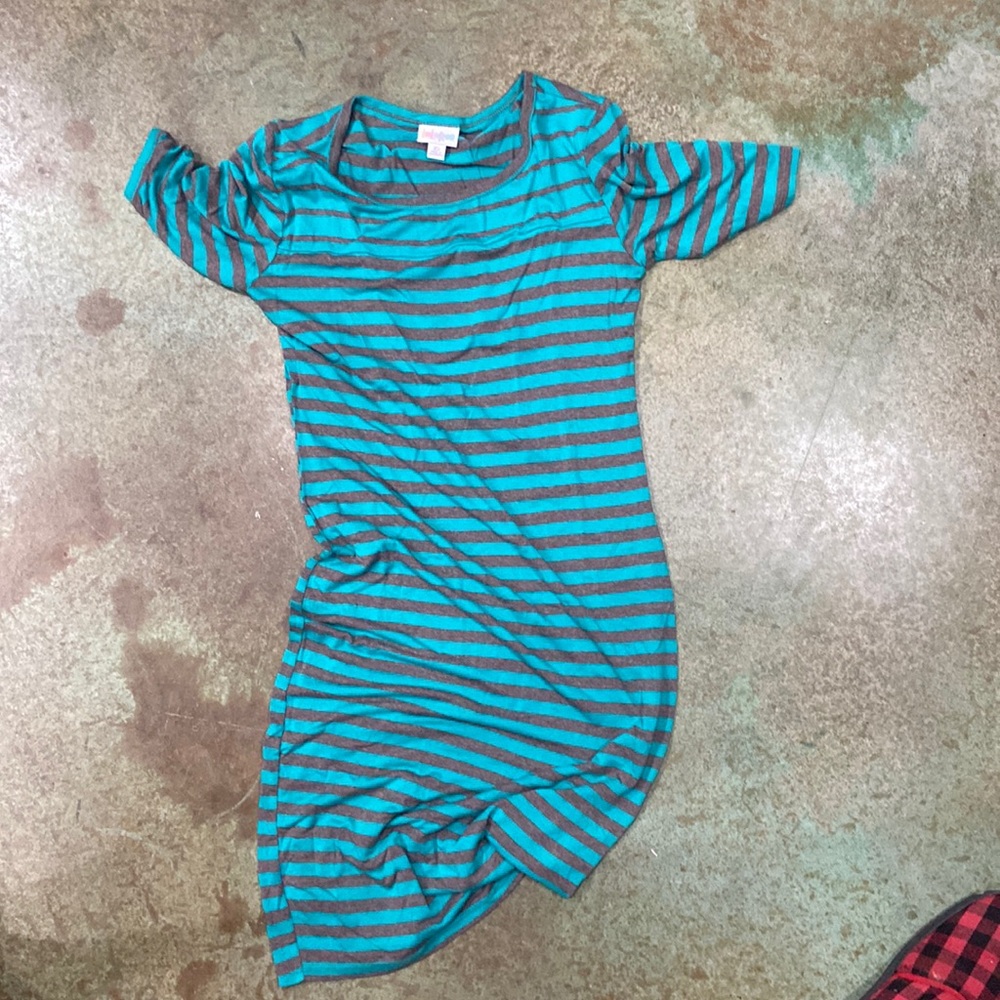Lularoe Julia teal and grey striped